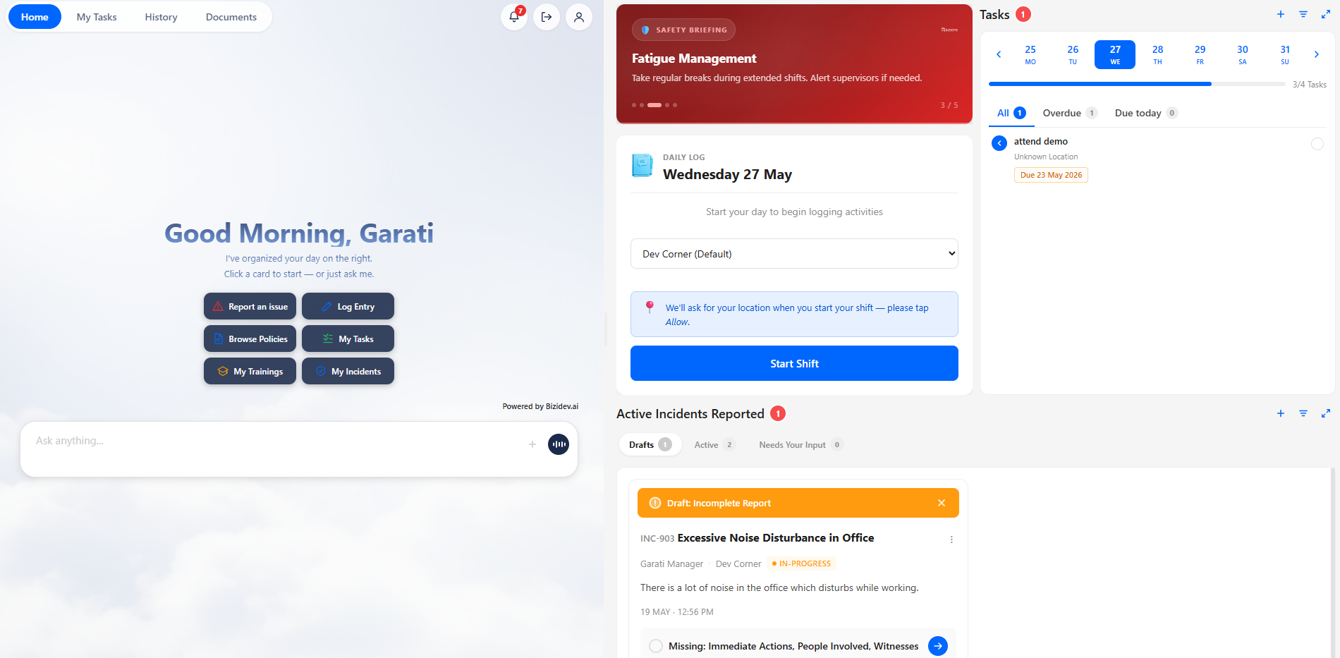BiziOps dashboard — Staff portal, daily log, tasks and active incidents in one connected view